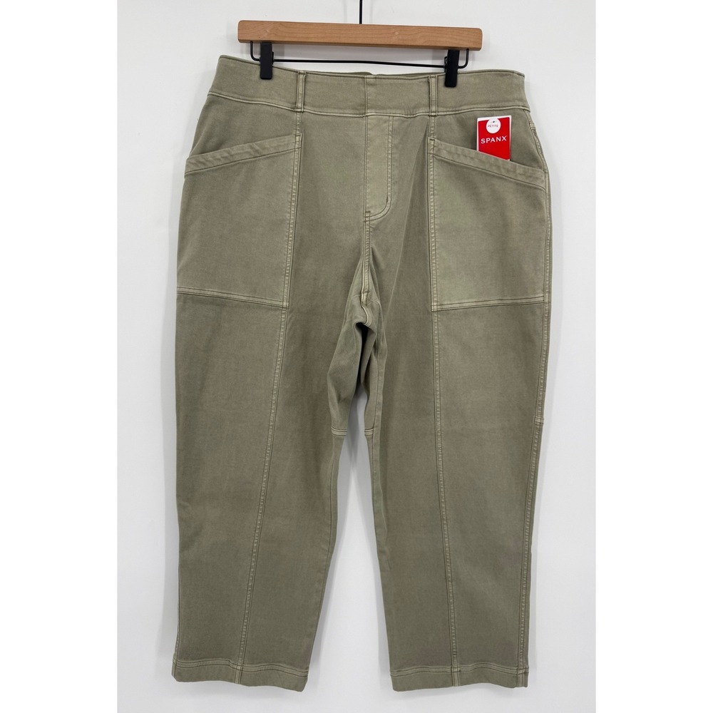 Spanx Pants Womens 2X Petite Green Stretch Twill Straight Leg Pull‎ On NEW